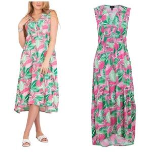 Marble Tropical Palm Leaf Print Stretch Ruched Front Fit & Flare Midi Dress
